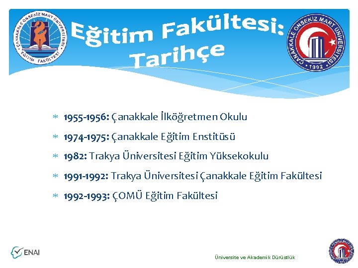 1955 -1956: Çanakkale İlköğretmen Okulu 1974 -1975: Çanakkale Eğitim Enstitüsü 1982: Trakya Üniversitesi 1955 -1956: Çanakkale İlköğretmen Okulu 1974 -1975: Çanakkale Eğitim Enstitüsü 1982: Trakya Üniversitesi
