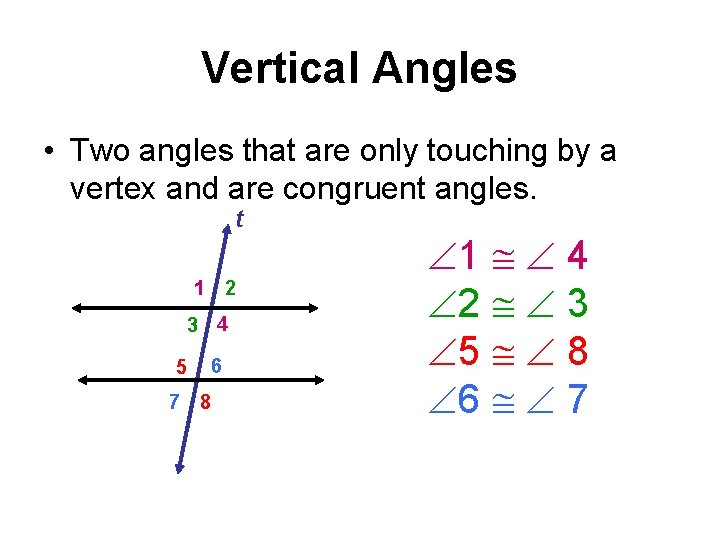 Vertical Angles • Two angles that are only touching by a vertex and are