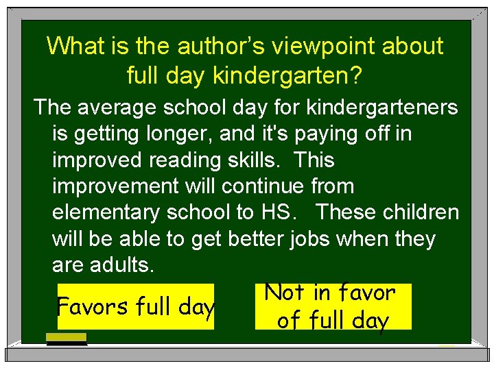 What is the author’s viewpoint about full day kindergarten? The average school day for