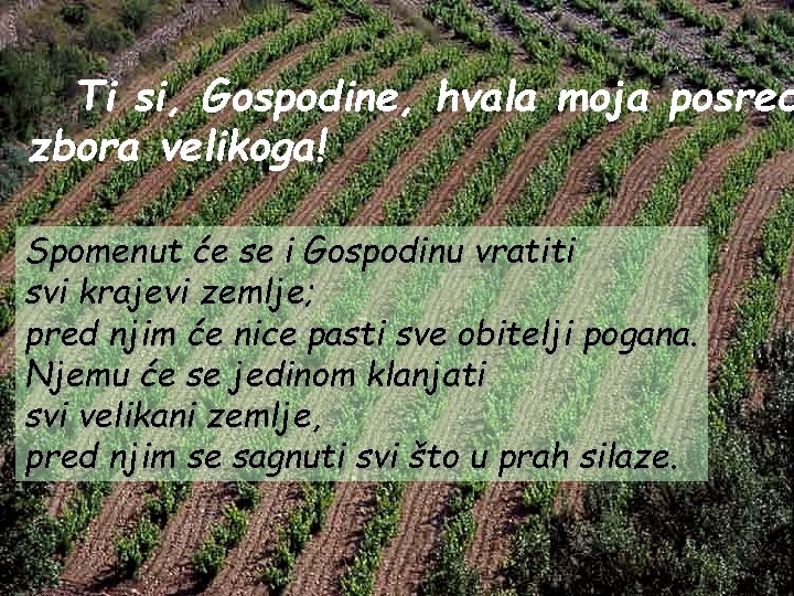 Ti si, Gospodine, hvala moja posred zbora velikoga! Spomenut će se i Gospodinu vratiti