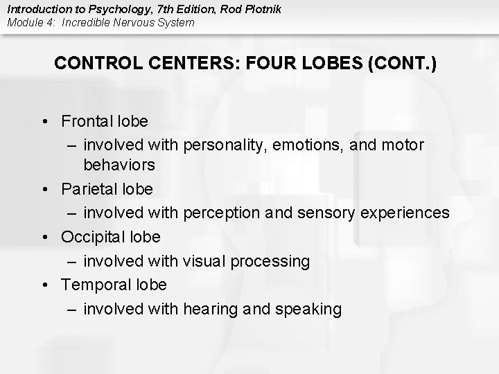 Introduction to Psychology, 7 th Edition, Rod Plotnik Module 4: Incredible Nervous System CONTROL