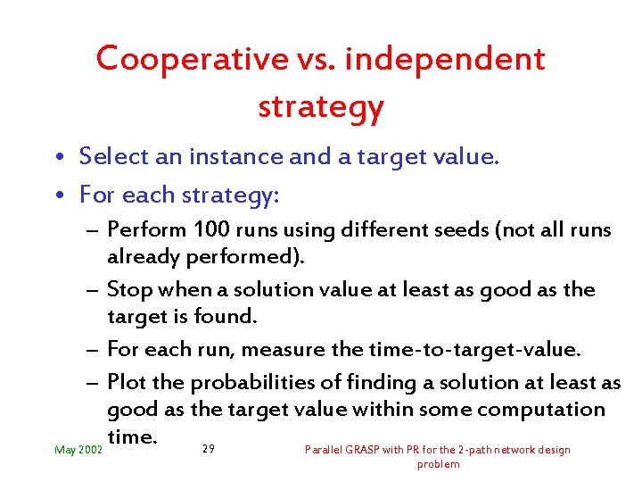 Cooperative vs. independent strategy • Select an instance and a target value. • For