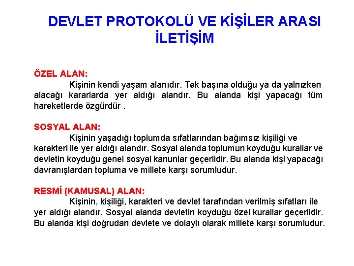 DEVLET PROTOKOLÜ VE KİŞİLER ARASI İLETİŞİM ÖZEL ALAN: Kişinin kendi yaşam alanıdır. Tek başına