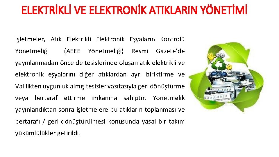 ELEKTRİKLİ VE ELEKTRONİK ATIKLARIN YÖNETİMİ İşletmeler, Atık Elektrikli Elektronik Eşyaların Kontrolü Yönetmeliği (AEEE Yönetmeliği)