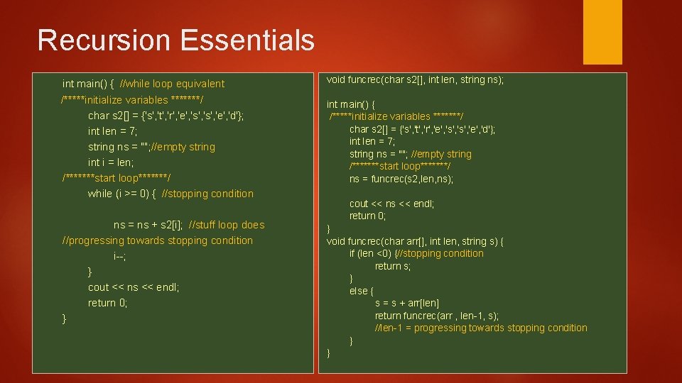 Recursion Essentials int main() { //while loop equivalent void funcrec(char s 2[], int len,