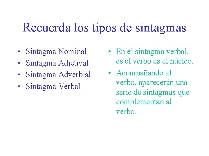 Recuerda los tipos de sintagmas • • Sintagma Nominal Sintagma Adjetival Sintagma Adverbial Sintagma