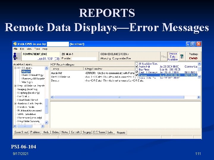 REPORTS Remote Data Displays—Error Messages PSI-06 -104 9/17/2021 111 