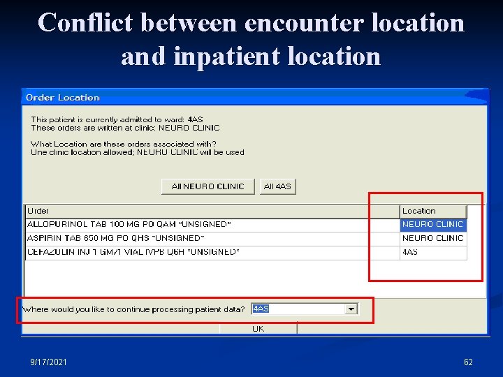 Conflict between encounter location and inpatient location 9/17/2021 62 