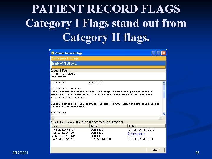 PATIENT RECORD FLAGS Category I Flags stand out from Category II flags. 9/17/2021 95