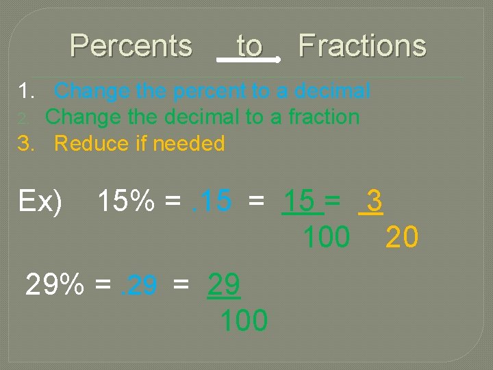 Percents to Fractions 1. Change the percent to a decimal 2. Change the decimal