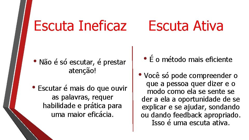 Escuta Ineficaz Escuta Ativa • Não é só escutar, é prestar • É o