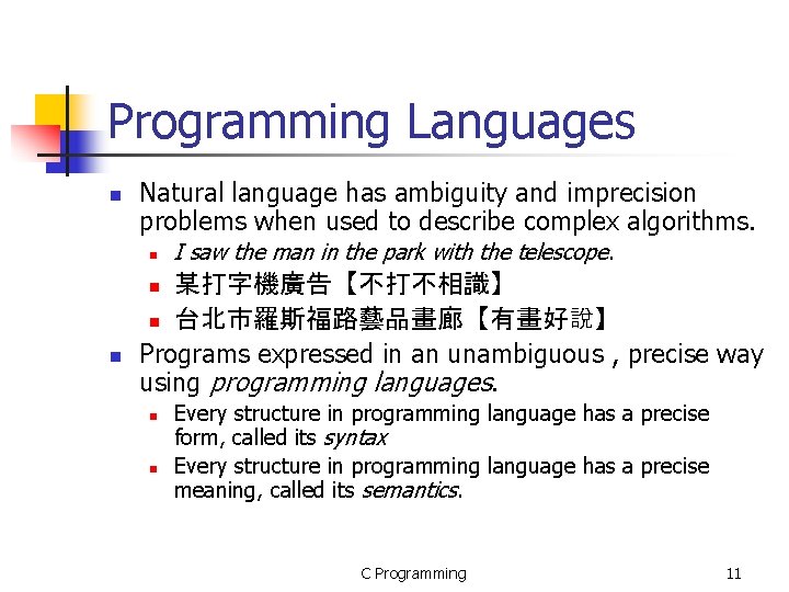 Programming Languages n Natural language has ambiguity and imprecision problems when used to describe Programming Languages n Natural language has ambiguity and imprecision problems when used to describe