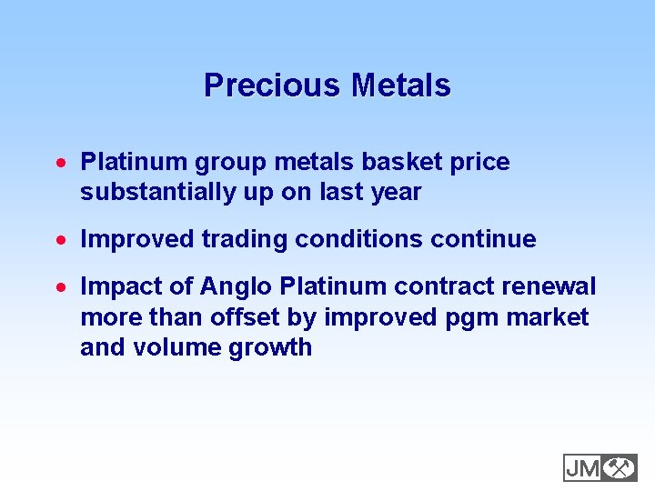 Precious Metals · Platinum group metals basket price substantially up on last year ·