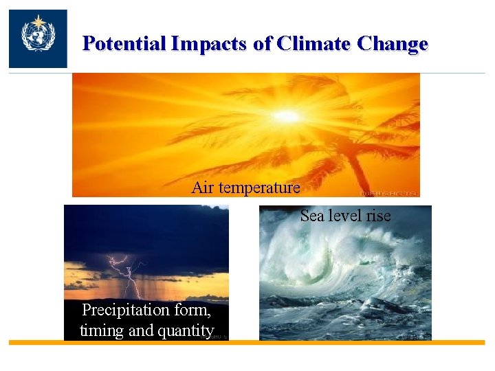 Potential Impacts of Climate Change Air temperature Sea level rise Precipitation form, timing and