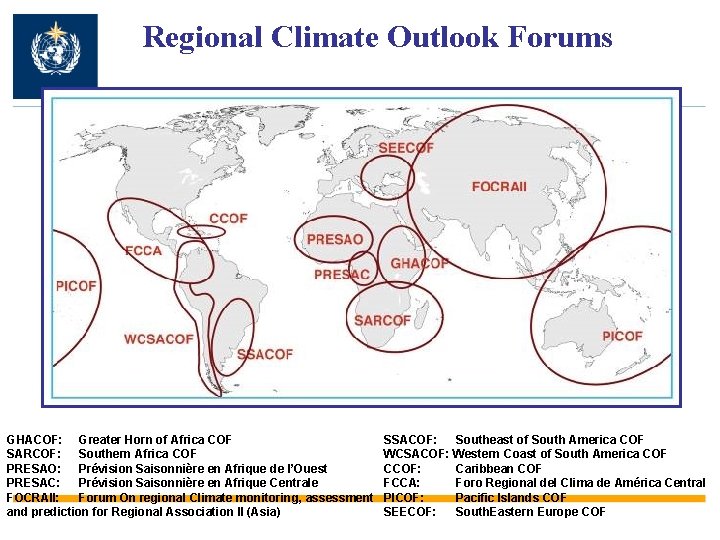 Regional Climate Outlook Forums GHACOF: Greater Horn of Africa COF SARCOF: Southern Africa COF
