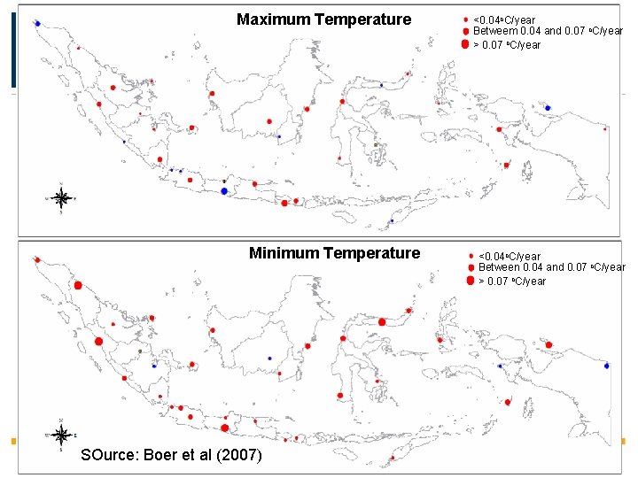 Maximum Temperature Minimum Temperature SOurce: Boer et al (2007) <0. 04 o. C/year Betweem