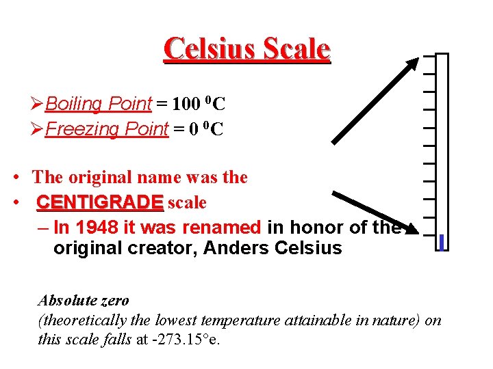 Celsius Scale ØBoiling Point = 100 0 C ØFreezing Point = 0 0 C