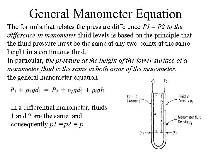 General Manometer Equation The formula that relates the pressure difference P 1 – P