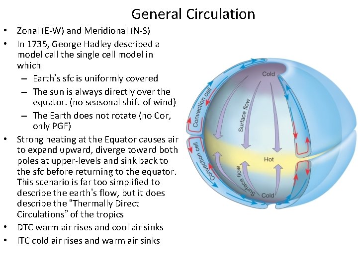 General Circulation • Zonal (E-W) and Meridional (N-S) • In 1735, George Hadley described