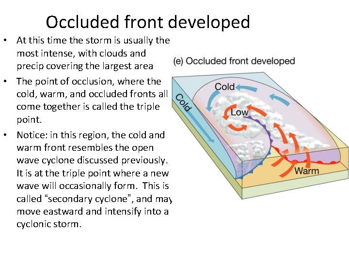 Occluded front developed • At this time the storm is usually the most intense,