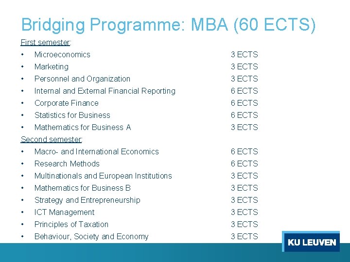 Bridging Programme: MBA (60 ECTS) First semester: • • Microeconomics 3 ECTS Marketing 3