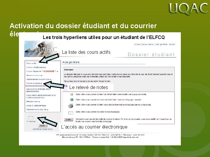 Activation du dossier étudiant et du courrier électronique Les trois hyperliens utiles pour un