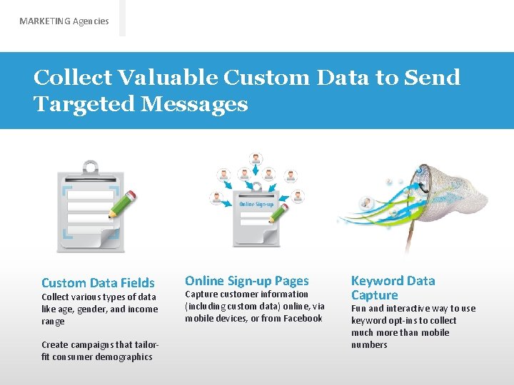 MARKETING Agencies Collect Valuable Custom Data to Send Targeted Messages Custom Data Fields Collect