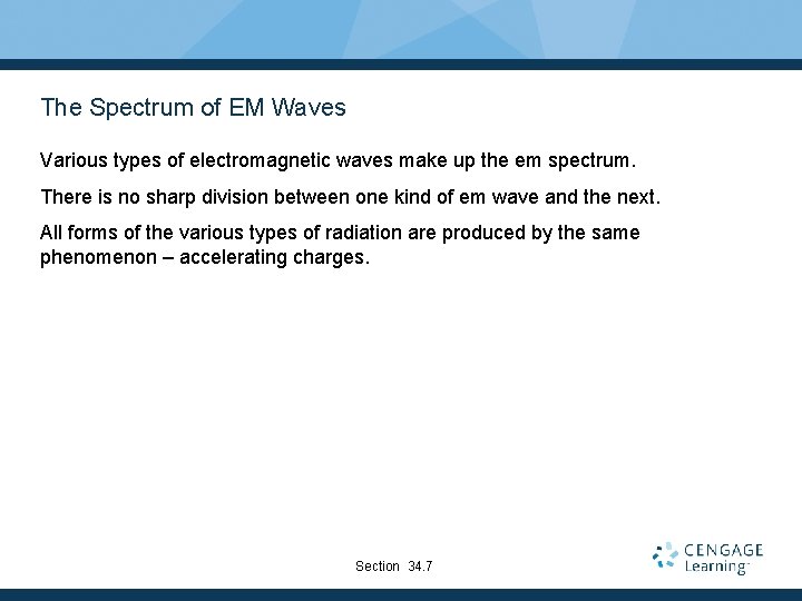 The Spectrum of EM Waves Various types of electromagnetic waves make up the em