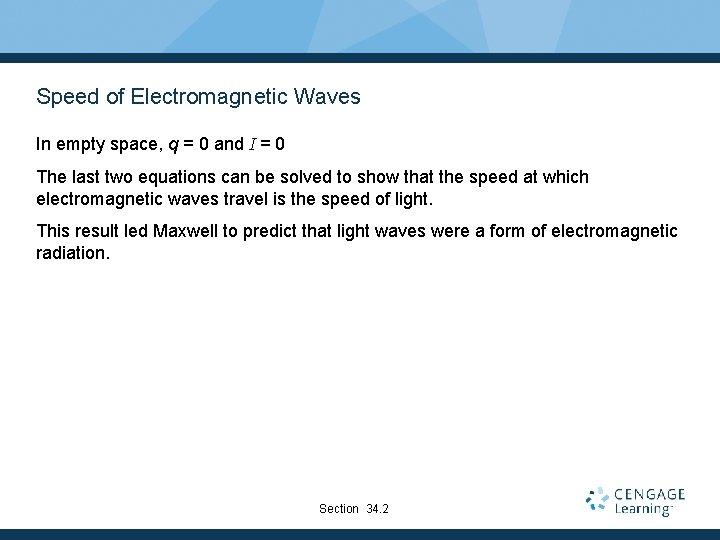 Speed of Electromagnetic Waves In empty space, q = 0 and I = 0