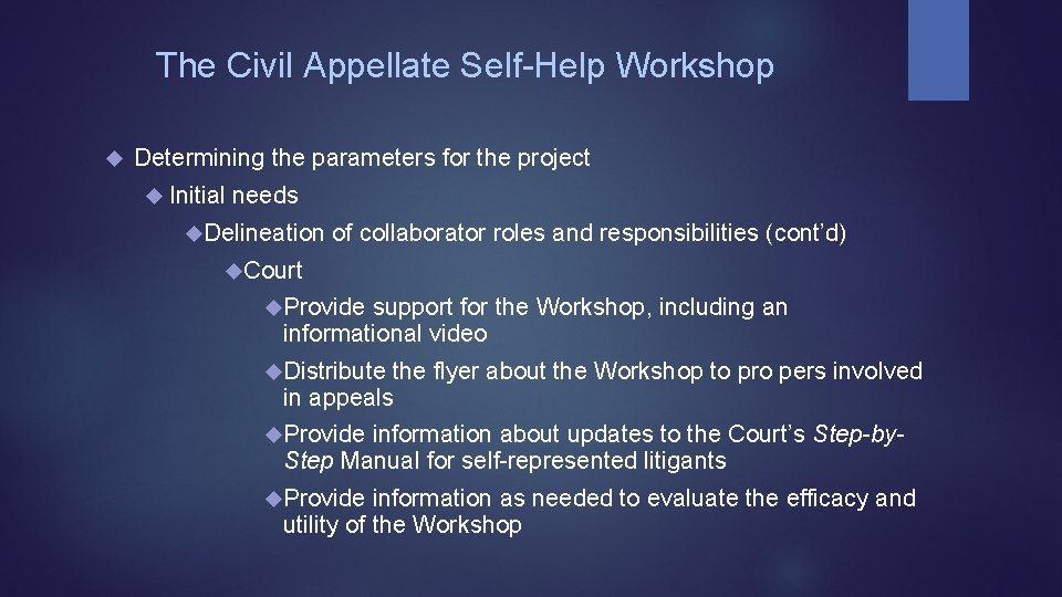 The Civil Appellate Self-Help Workshop Determining the parameters for the project Initial needs Delineation
