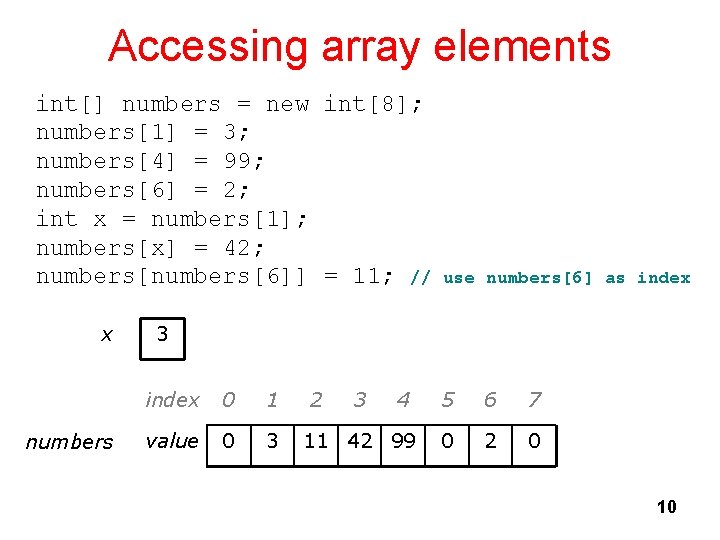 Accessing array elements int[] numbers = new int[8]; numbers[1] = 3; numbers[4] = 99;