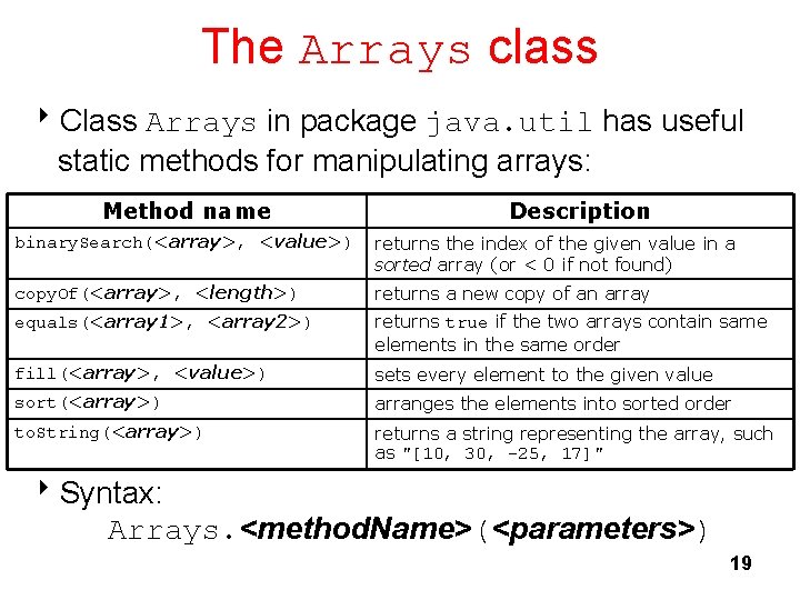 The Arrays class 8 Class Arrays in package java. util has useful static methods
