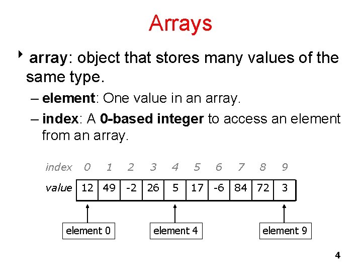 Arrays 8 array: object that stores many values of the same type. – element: