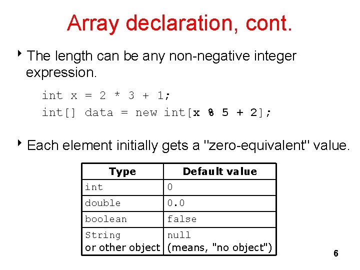 Array declaration, cont. 8 The length can be any non-negative integer expression. int x