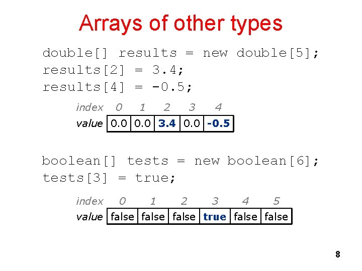 Arrays of other types double[] results = new double[5]; results[2] = 3. 4; results[4]