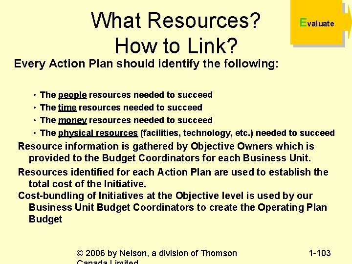 What Resources? How to Link? Evaluate Every Action Plan should identify the following: •