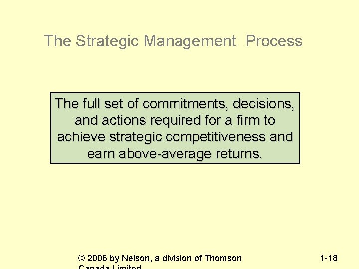 The Strategic Management Process The full set of commitments, decisions, and actions required for