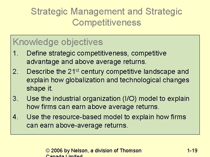 Strategic Management and Strategic Competitiveness Knowledge objectives 1. 2. 3. 4. Define strategic competitiveness,