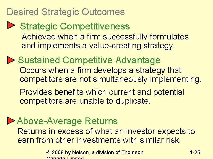 Desired Strategic Outcomes Strategic Competitiveness Achieved when a firm successfully formulates and implements a