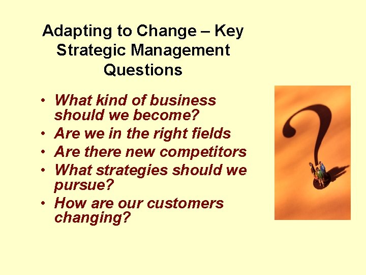 Adapting to Change – Key Strategic Management Questions • What kind of business should