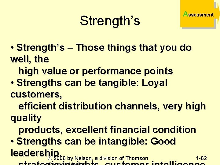 Strength’s Assessment • Strength’s – Those things that you do well, the high value