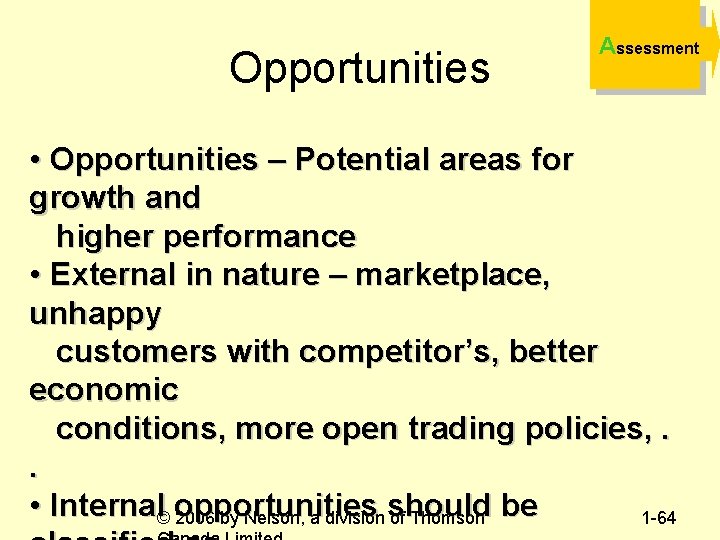 Opportunities Assessment • Opportunities – Potential areas for growth and higher performance • External