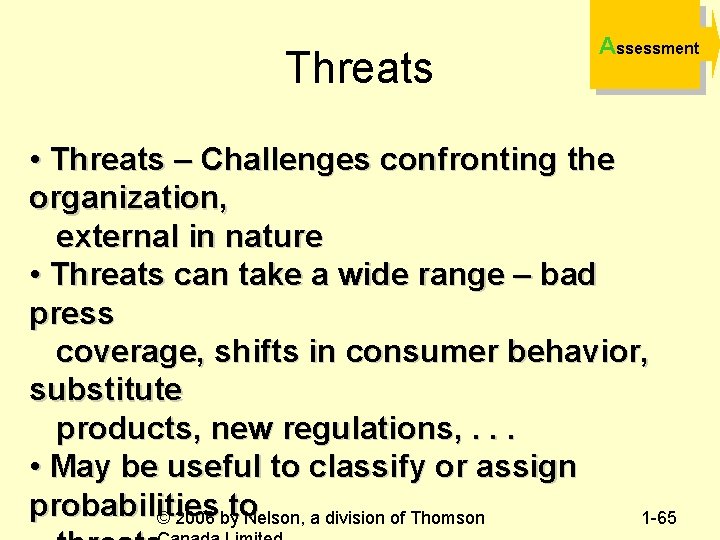 Threats Assessment • Threats – Challenges confronting the organization, external in nature • Threats