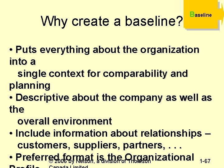 Why create a baseline? Baseline • Puts everything about the organization into a single