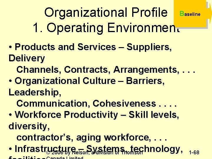Organizational Profile B 1. Operating Environment aseline • Products and Services – Suppliers, Delivery
