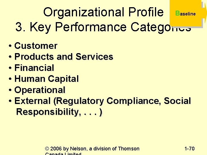 Organizational Profile B 3. Key Performance Categories aseline • Customer • Products and Services