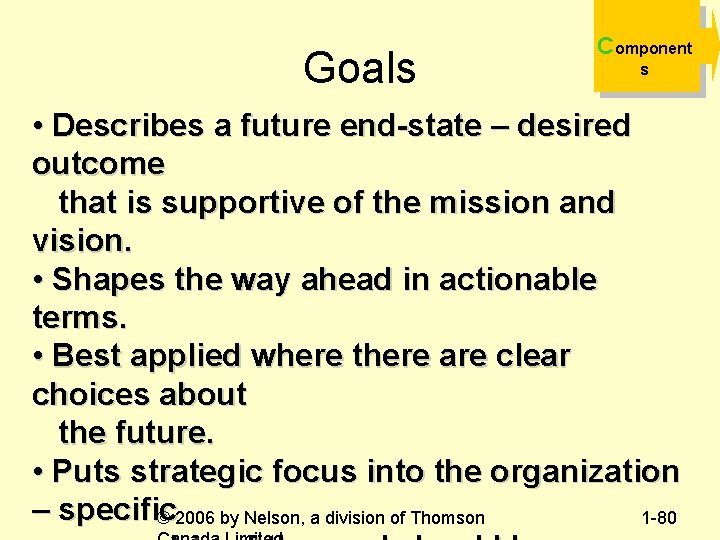 Goals Component s • Describes a future end-state – desired outcome that is supportive