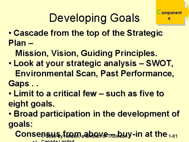 Developing Goals Component s • Cascade from the top of the Strategic Plan –