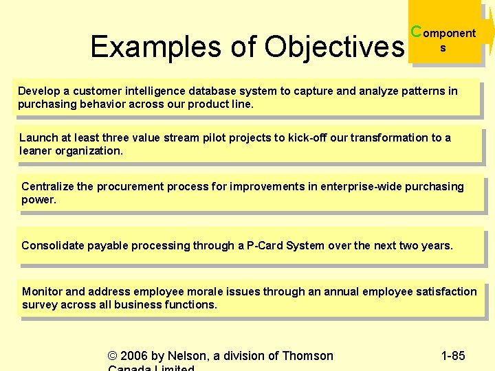 Examples of Objectives Component s Develop a customer intelligence database system to capture and