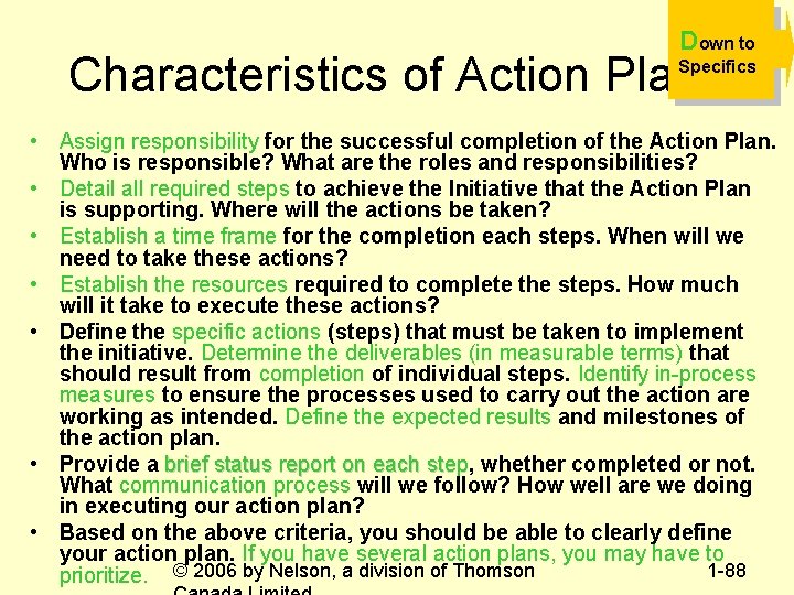 Down to Characteristics of Action Plans Specifics • Assign responsibility for the successful completion